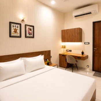 Luxury suite bedroom at Golden Yug Wellness Resort near Indore